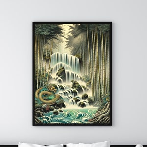 Ukiyo-e Dragon Art Print: Japandi Waterfall Canvas Poster