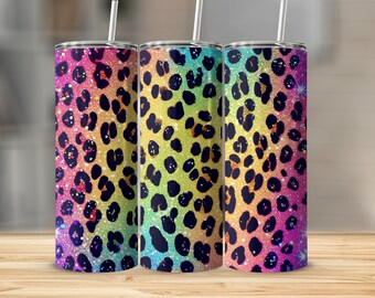 Tumbler Wrap con stampa leopardata glitterata arcobaleno da 20 once - Stampa senza cuciture (download digitale)