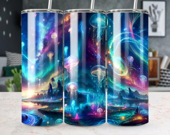 Northern Lights Jellyfish Galaxy 20oz Tumbler Wrap, Glowing Underwater Seamless Design, Vibrant Fantasy Digital Wrap