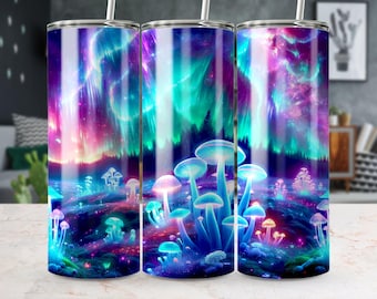 Magical Northern Lights Tumbler Wrap, 20oz Tumbler Design, Glow in the Dark Forest Mushrooms, Digital Download, Seamless Tumbler PNG