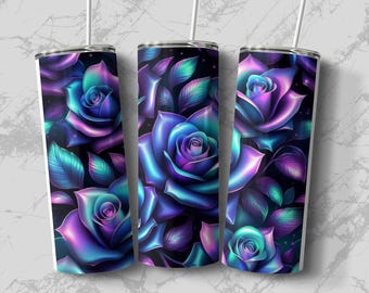 3D Rose Tumbler Wrap: Seamless Neon Floral Design (Digital Download)