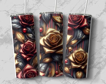 3D Rose Tumbler Wrap: Gold & Red Floral Design (Digital Download)