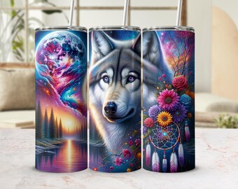 Envoltura para vaso Boho Wolf Galaxy Dreamcatcher de 20 oz (descarga digital)