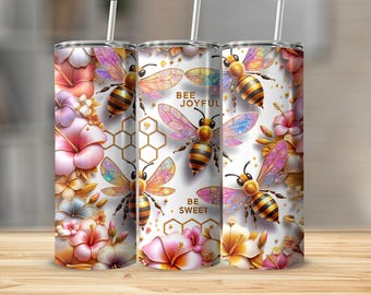 Bee Floral Tumbler 20oz Wrap, Tumbler Sublimation Wrap, Tumbler Wrap Designs Straight & Tapered, Digital Download, Seamless 3D Floral