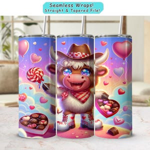 Seamless Valentine&#39;s Day Highland Cow 20oz Tumbler Wrap, Digital Download, Cute Cow with Chocolates and Balloons, Tumbler Sublimation