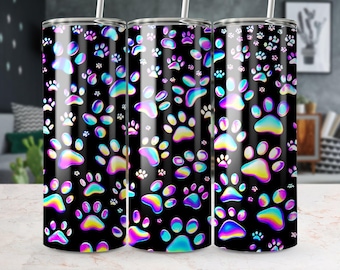 Iridescent Dog Paw Print 20oz Tumbler Wrap PNG, Colorful Paw Digital Download, Paw Print Pattern for DIY Tumblers