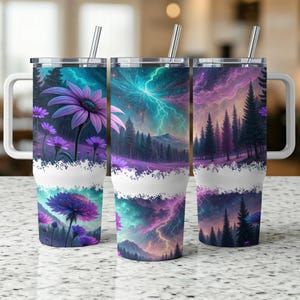 May include: Three stainless steel travel tumblers with white handles and lids. Each tumbler features a different design: purple flowers, a lightning storm over a forest, and a purple and pink sky over a forest. Each tumbler has a silver straw.