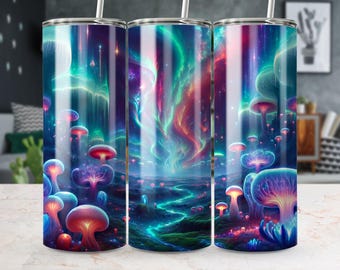 Northern Lights Tumbler Wrap, 20oz Seamless Tumbler Wrap, Digital Download Wrap, Mystical Mushroom Forest Wrap, Celestial Colors