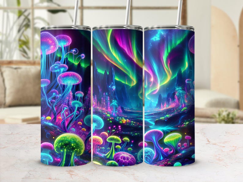 Northern Lights Tumbler Wrap: Seamless Neon Fantasy Scene (Digital Download) image 3