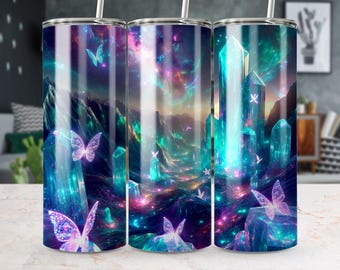 Seamless Northern Lights 20oz Tumbler Wraps, Digital Tumbler Wrap Design, Aurora Borealis Starry Sky, Mystical Crystal Landscape Art