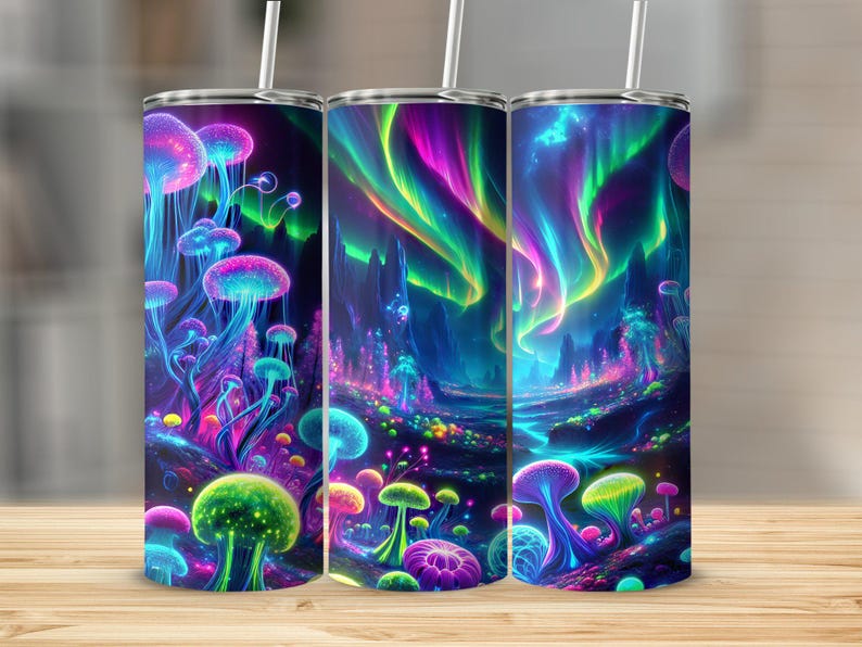 Northern Lights Tumbler Wrap: Seamless Neon Fantasy Scene (Digital Download) image 2