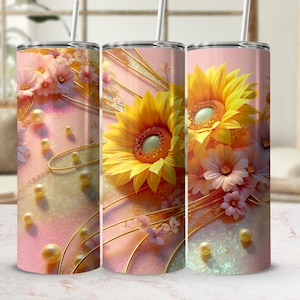 Seamless Yellow 3D Sunflower 20oz Tumbler Wraps, Straight and Tapered, Glitter Sunflowers, Floral Sunflower Tumbler Design