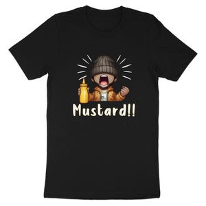 May include: Black t-shirt with a cartoon character wearing a beanie and holding a bottle of mustard. The text "Mustard!" is printed below the character.
