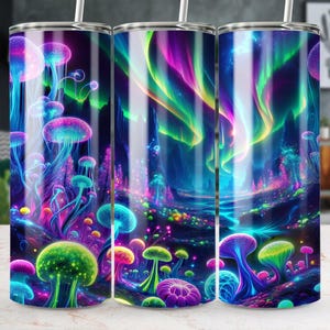 Northern Lights Tumbler Wrap: Seamless Neon Fantasy Scene (Digital Download) image 1