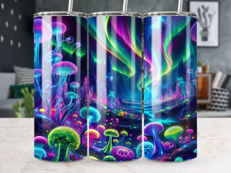 Northern Lights Tumbler Wrap: Seamless Neon Fantasy Scene (Digital Download) image 1