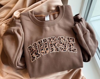 Embroidered Leopard Nurse Sweatshirt, RN Gift