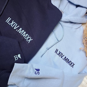 Custom Embroidered Couple Hoodie: Roman Numeral Anniversary Date Matching Sweatshirt