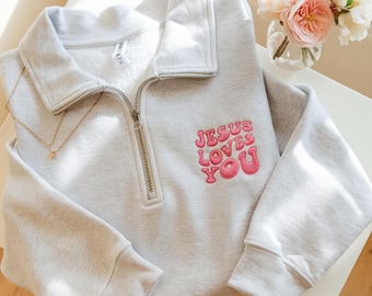 Bestickter Jesus liebt dich Viertelreißverschluss, christliches Sweatshirt