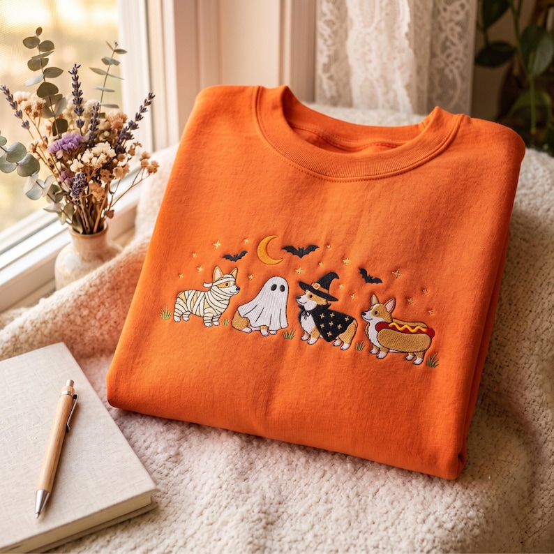 May include: An orange crewneck sweatshirt featuring an embroidered design of four Corgi dogs in Halloween costumes, including a mummy, a ghost, a witch, and a hot dog, accented with a yellow crescent moon, black bats, and small stars.