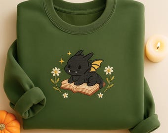 Embroidered Dragon Book Sweatshirt: Cottagecore Bookworm Shirt
