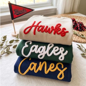 May include: A stack of three crewneck sweatshirts. The top beige sweatshirt features red chenille lettering reading Hawks. The middle green sweatshirt has white chenille lettering reading Eagles. The bottom navy sweatshirt has yellow chenille lettering reading Canes.