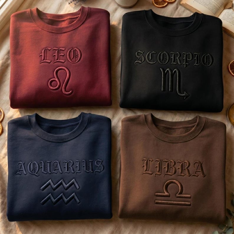 May include: Four crewneck sweatshirts in burgundy, black, navy, and brown. Each features an embroidered zodiac sign name and symbol: Leo, Scorpio, Aquarius, and Libra. The sweatshirts are soft and cozy.