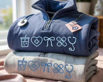 Embroidered Nurse Quarter Zip Sweatshirt, Coquette Nursing Gift