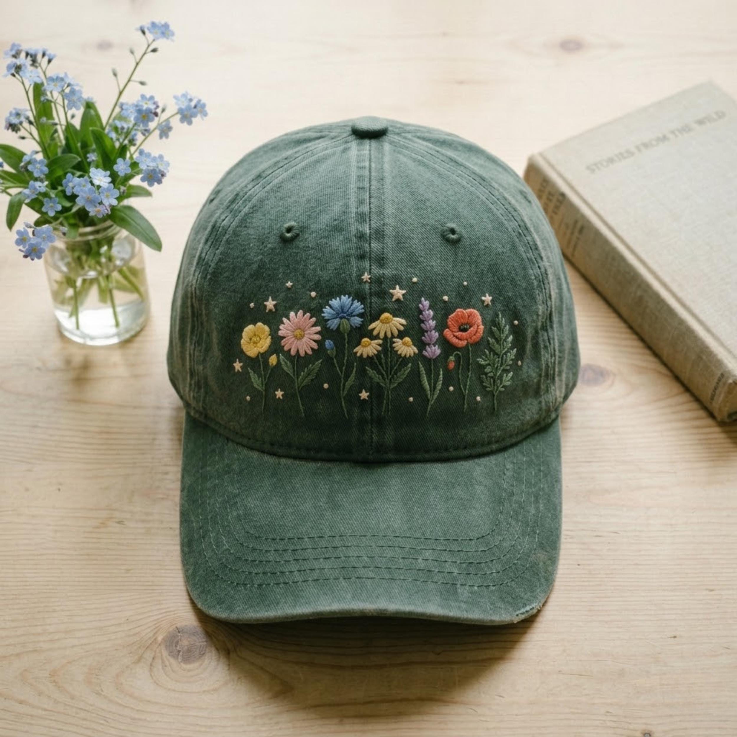 Embroidered Floral Baseball Cap, Washed Cotton Dad Hat, Boho 