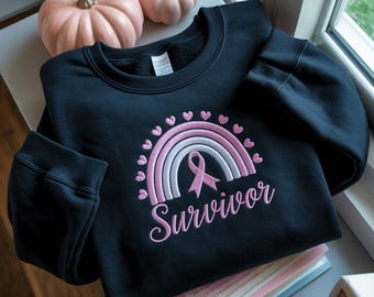 Embroidered Survivor Sweatshirt: Breast Cancer Awareness Pink Ribbon Crewneck