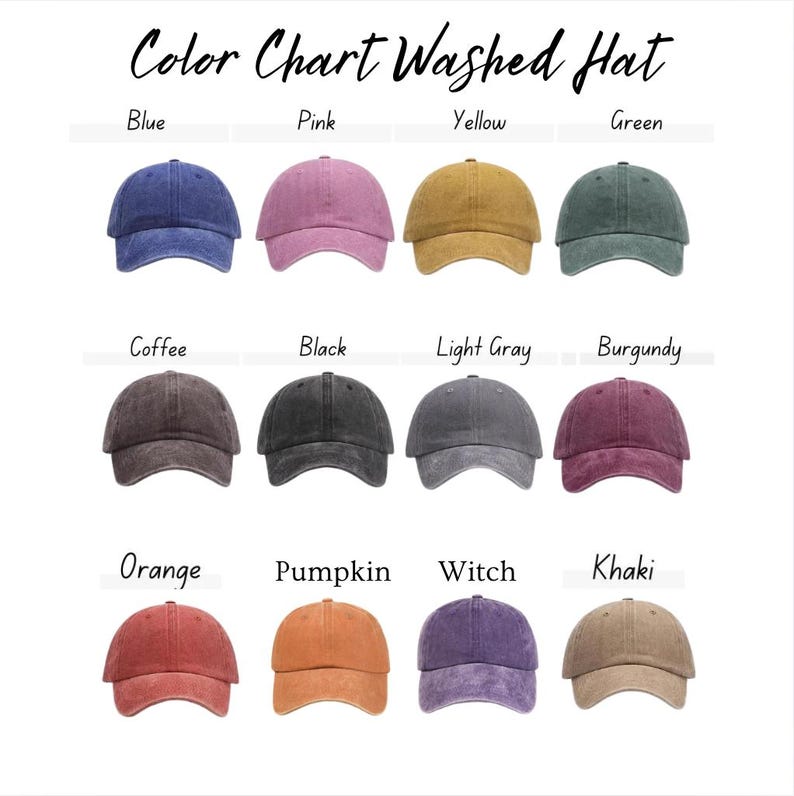 Puede incluir: Una carta de colores de gorras de b&eacute;isbol lavadas en varios colores, incluyendo azul, rosa, amarillo, verde, caf&eacute;, negro, gris claro, borgo&ntilde;a, naranja, calabaza, bruja y caqui. El texto "Color Chart Washed Hat" est&aacute; en la parte superior.