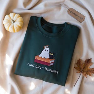 Embroidered Ghost Book Sweatshirt: Spooky Season Fall Crewneck