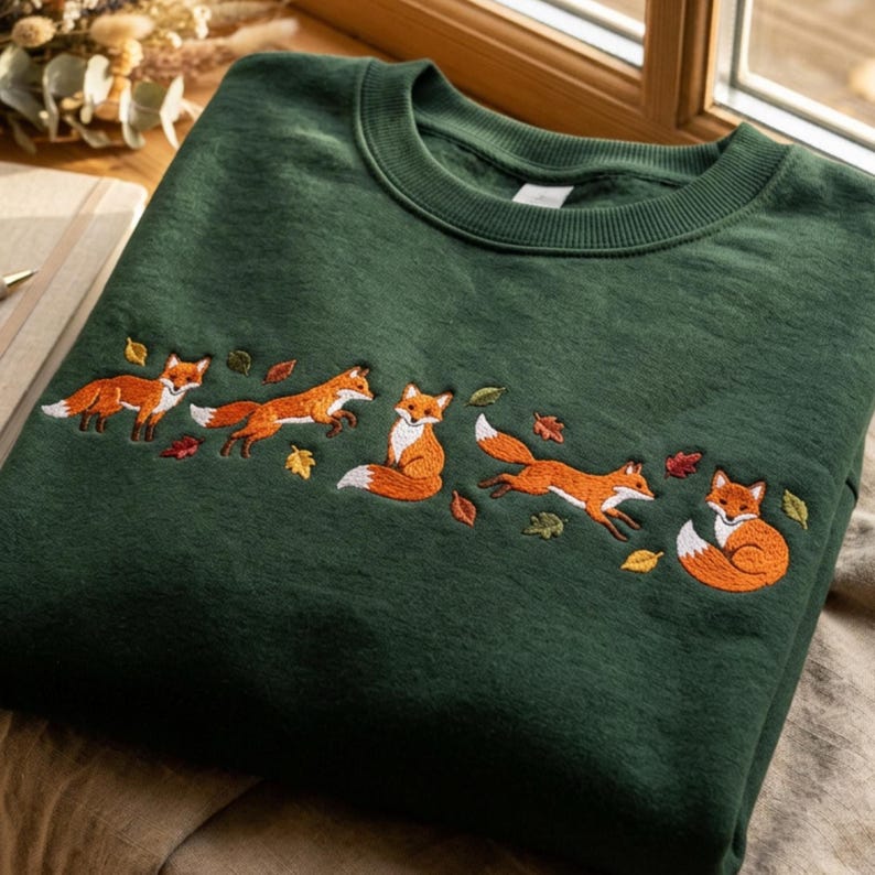 May include: A dark forest green crewneck sweatshirt featuring an embroidered design of five orange and white foxes in various poses, interspersed with small, colourful embroidered autumn leaves across the chest area of the garment.