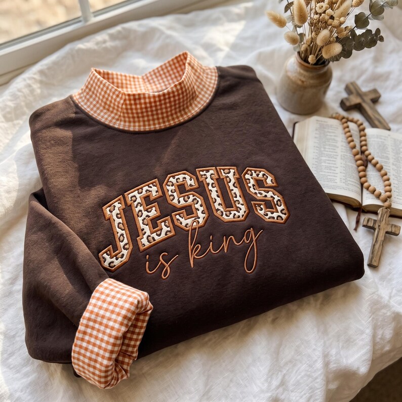 Embroidered Jesus is King Gingham Mockneck Sweatshirt, Christian Tee ...