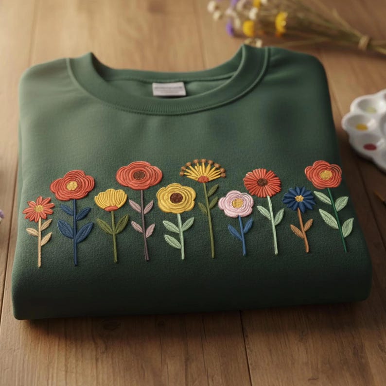 Embroidered Wildflower Sweatshirt, Comfort Colors Floral Crewneck, USA ...