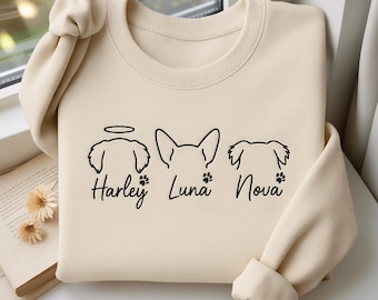 Embroidered Pet Portrait Sweatshirt, Custom Dog Cat Ears, Pet Lover Gift