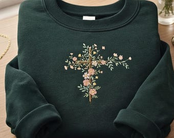 Felpa con croce floreale ricamata / Felpa girocollo con croce floreale / Felpa cristiana / Abbigliamento religioso / Felpa ricamata / Idea regalo