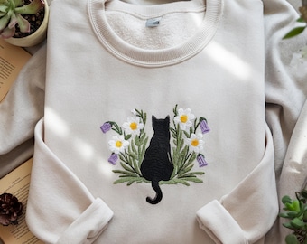 Embroidered Black Cat Sweatshirt: Cottagecore Wildflower Botanical