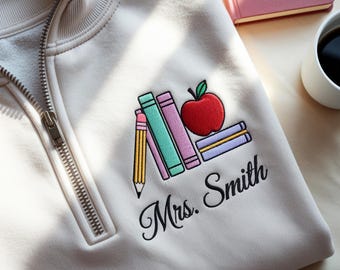 Sudadera personalizada con cremallera hasta el cuello para profesor/a, bordada a medida - Nombre personalizado