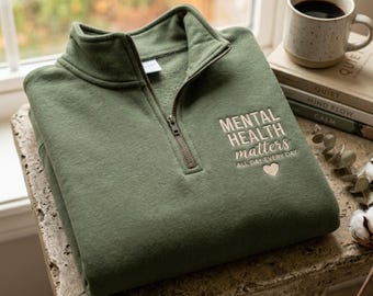 Geborduurde Mental Health Matters-sweater met kwartrits, kleding voor motiverende therapie