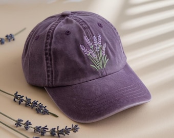 Bestickte Lavendel Blumen Baseballkappe: Sommerhut aus gewaschener Baumwolle