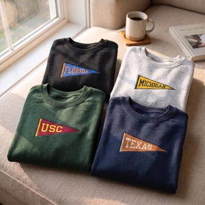 Könnte beinhalten: Vier Rundhals-Sweatshirts in Schwarz, Hellgrau, Dunkelgrün und Marineblau. Jedes verfügt über einen dreieckigen, wimpelartigen Aufnäher auf der Brust mit gesticktem Text, der Florida, Michigan, USC und Texas in Kontrastfarben zeigt.