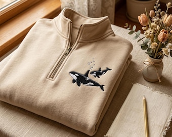 Embroidered Orca Whale Quarter Zip Sweatshirt, Ocean Crewneck, Beachy Cozy Sweater