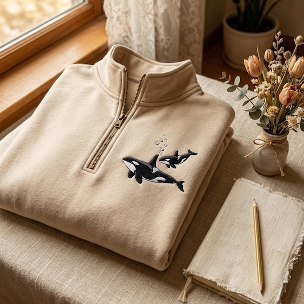 Embroidered Orca Whale Quarter Zip Sweatshirt, Ocean Crewneck, Beachy Cozy Sweater