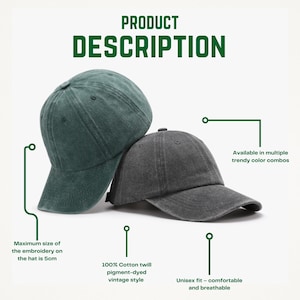 Puede incluir: Se muestran dos gorras de b&eacute;isbol, una verde oscuro y otra gris carb&oacute;n. Las gorras est&aacute;n hechas de sarga de algod&oacute;n 100%, te&ntilde;idas con pigmentos en un estilo vintage. El tama&ntilde;o m&aacute;ximo del bordado es de 5 cm. Las gorras son unisex, c&oacute;modas y transpirables.