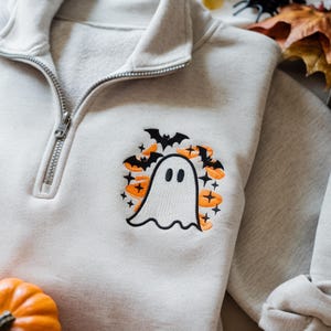Halloween Sweatshirt-Ghost Sweatshirt-Halloween Embroidered Sweatshirt-Ghost-Halloween Shirt-Fall Sweatshirt-Spooky Season-1/4 zip G2