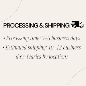 Puede incluir: Texto "PROCESSING & SHIPPING" sobre fondo crema, con un cami&oacute;n. Debajo, vi&ntilde;etas indican "Processing time: 3-5 business days" y "Estimated shipping: 10-12 business days (varies by location)."