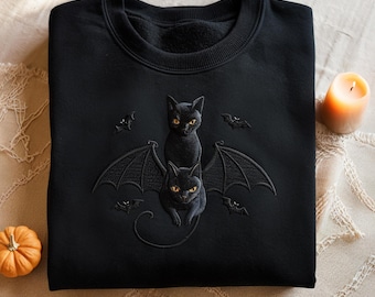 Embroidered Halloween Black Cat Sweatshirt: Gothic Bat Tee