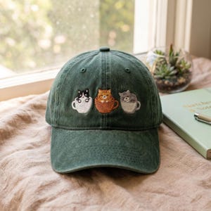 Casquette en coton lavé au café avec broderies de chats, cadeau minimaliste pour les amoureux des chats