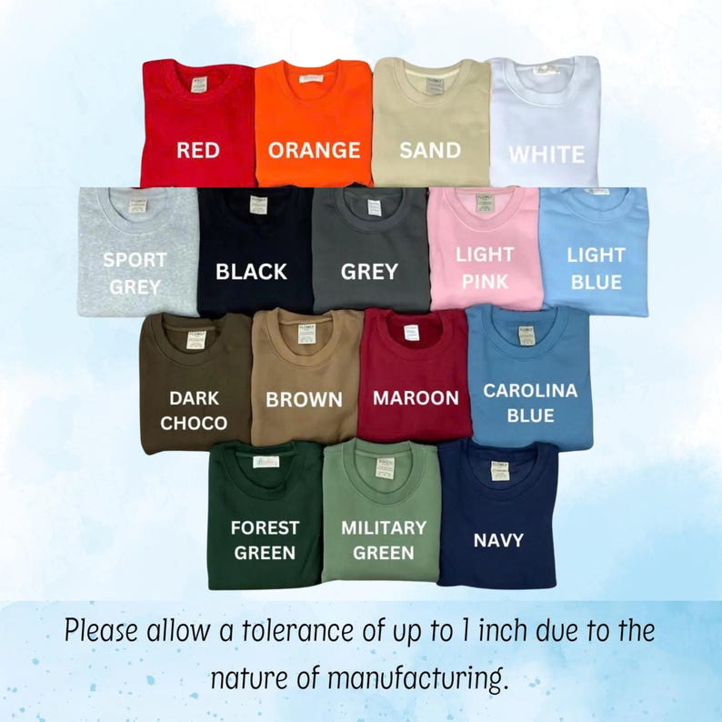 May include: A collection of sixteen crewneck sweatshirts in various colors including red, orange, sand, white, sport grey, black, grey, light pink, light blue, dark choco, brown, maroon, carolina blue, forest green, military green, and navy.