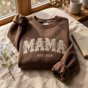 Embroidered Floral Mama Crewneck Sweatshirt, Personalized Est. 2026